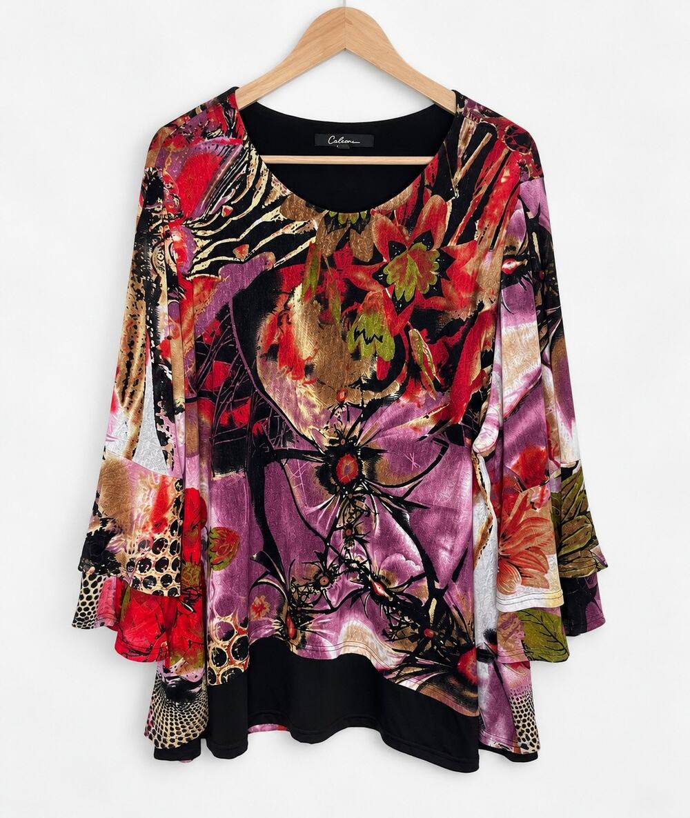 Calessa 3X Floral Animal Print Tunic Top Black Multicolor Plus Size NWT
